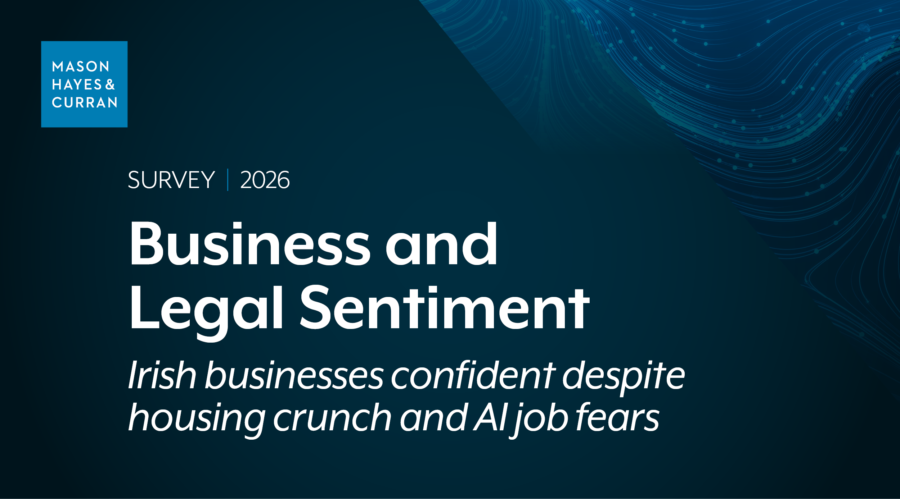 Text on blue background: Business and Legal Sentiment Survey; Irish businesses confident despite housing crunch and AI job fears