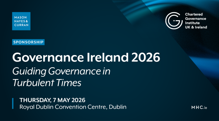 Text on blue banner - Governance Ireland 2026, Guiding Governance in Turbulent Times