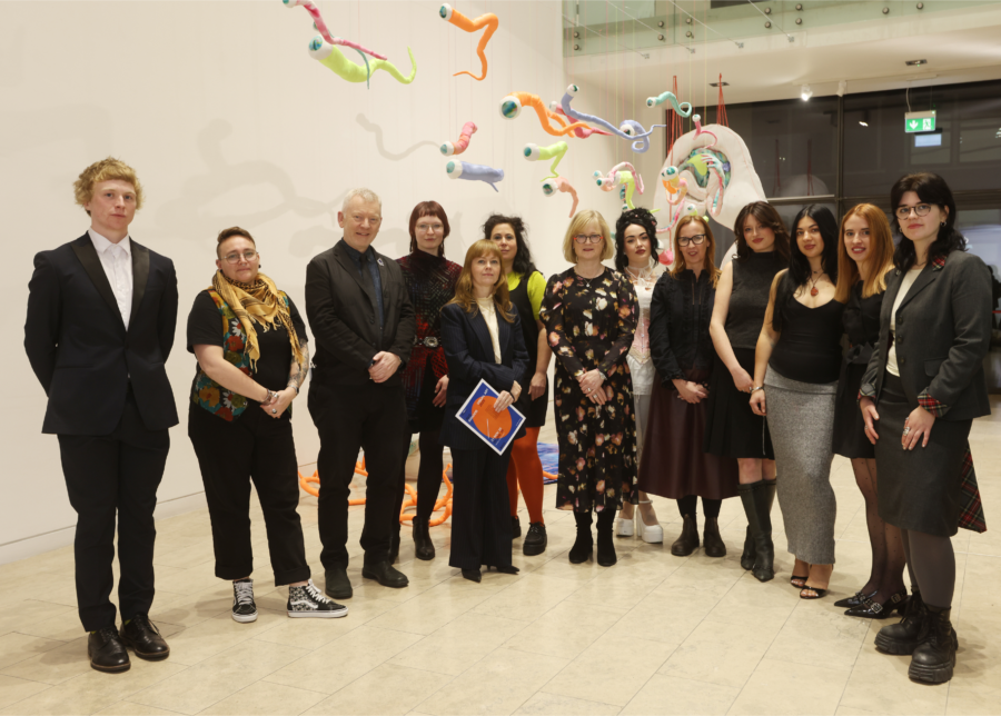 Christine O'Donovan (centre, floral dress), with the finalists of the 2025 RDS Visual Art Awards