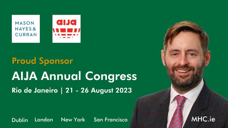 Partner Eoin Cassidy is pictured on a green background with the text: Proud Sponsor, AIJA Annual Congress