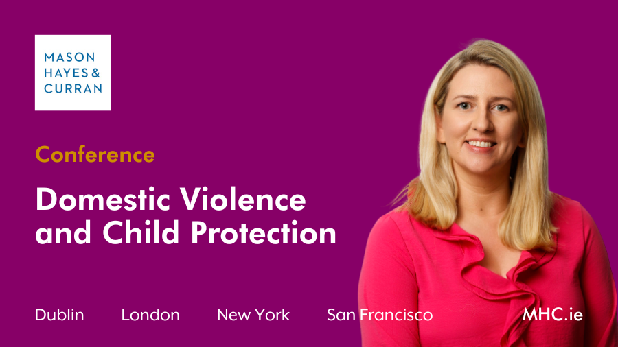 A woman smiling against a purple background, text to the left saying 'Domestic Violence and Child Protection Conference'