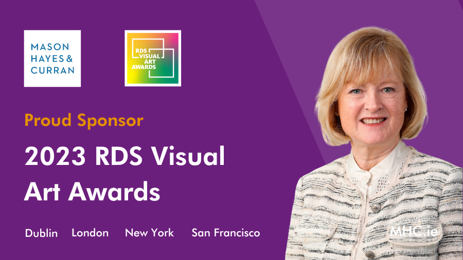 A woman is pictured against a purple backdrop with the words 'Proud Sponsor, 2023 RDS Visual Art Awards'