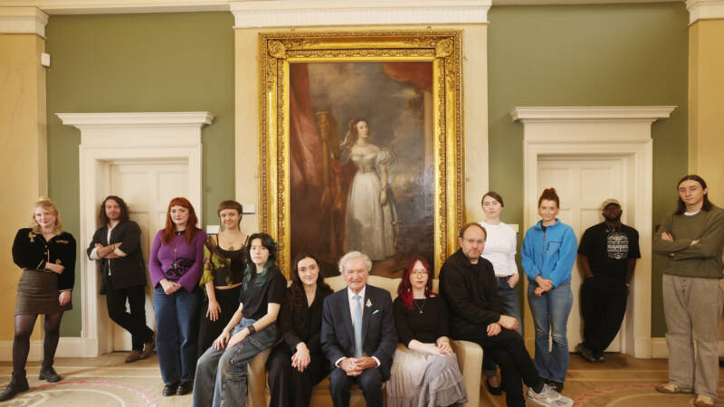 The 2026 shortlisted artists with Hilary Hough, President of the RDS, (centre), and Paul McAree, exhibition curator and RDS Visual Art Awards judge